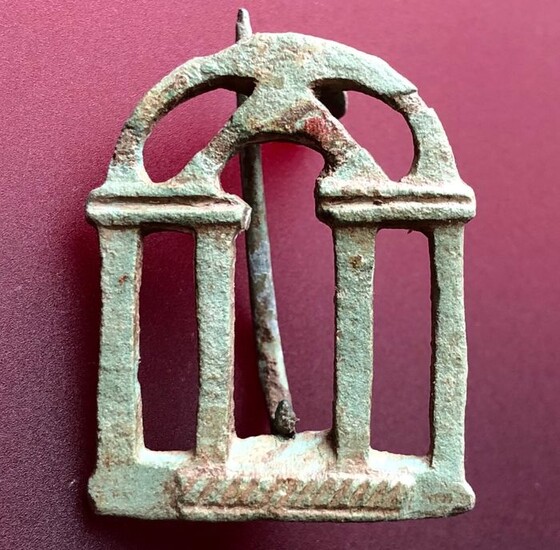Ancient Roman Bronze Exclusive Openwork Brooch Fibula shaped as Tetrastyle Temple.Interesting example of Authentic Temple