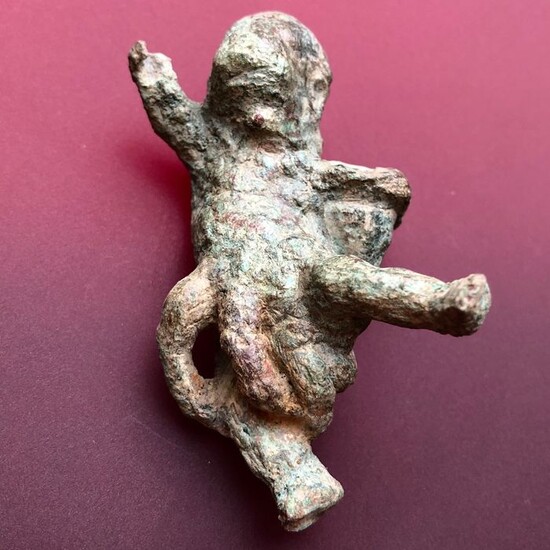 Ancient Roman Bronze Figurine of a Naked Boy wearing a Basket- An Extremely Rare Personification of Season.
