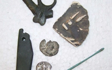 Ancient Roman Bronze including bronze phallus, needle, silver coins, stone pendant - (0.2×0.2×10.2 cm)
