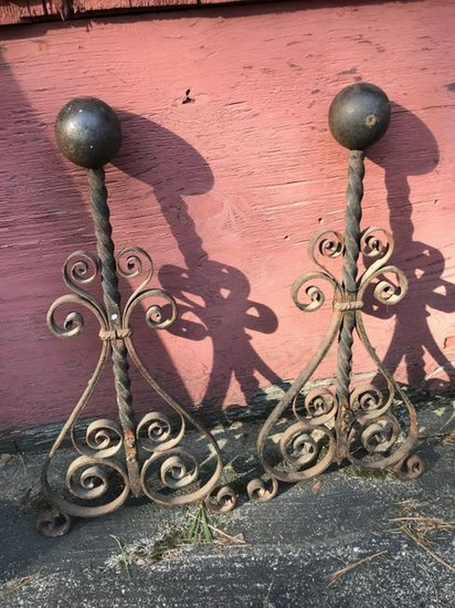 Antique Arts & Crafts Style Wrought Iron Andirons