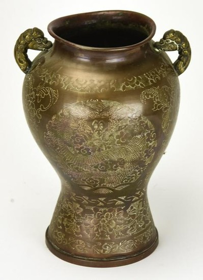 Antique Chinese Etched Copper Vessel Dragon Motif