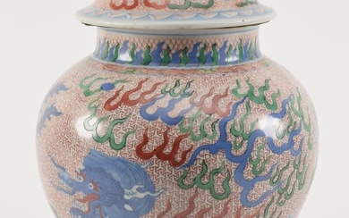 Antique Chinese transitional porcelain large covered jar with underglaze blue dragon and phoenix and
