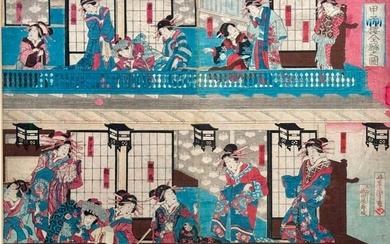 Antique Japanese Color Woodblock Print, Diptych, Courtesans on a Balcony