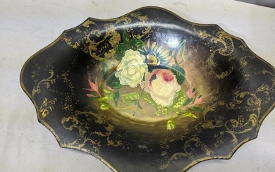 Antique Toleware Painted Metal Floral Oval Tray
