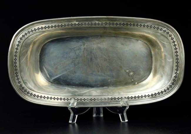 Antique oval sterling silver serving tray, marked "sterling"