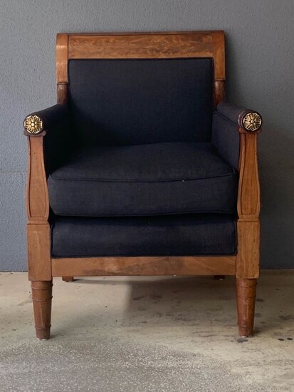 Armchair, With rosette decoration - Empire - Bronze, Burr walnut - 19th century
