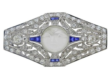 Art Deco Platinum Moonstone Diamond Sapphire Brooch