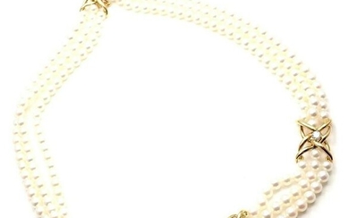 Authentic! Tiffany & Co 18k Yellow Gold Diamond 3 Strand Pearl Necklace