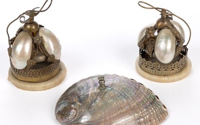 BRASS-MOUNTED MOTHER-OF-PEARL AND ABALONE DINNER / COUNTER BELLS, LOT OF THREE
