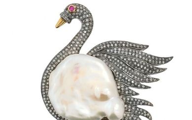 Baroque Pearl, Diamond and Ruby "Swan" Brooch