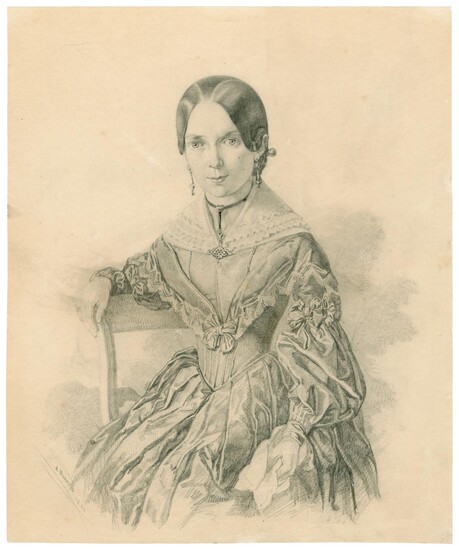 Bildnis einer jungen Frau, Dreiviertelfigur sitzend und nahezu en face.