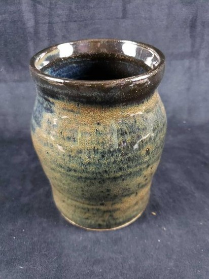 Blue and Brown Pottery Vase Signed