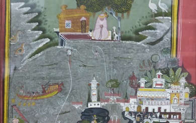 Bords du lac Pichola Inde, Rajasthan, Udaipur, fin XVIIIe-XIXe siècle Gouache et peinture argentée sur...