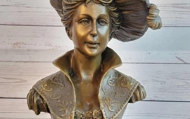 Bronze Bust Sculpture of a Victorian / Edwardian Woman On Marble Base
