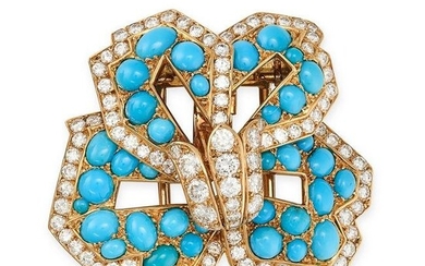 CARTIER, A VINTAGE TURQUOISE AND DIAMOND FLOWER BROOCH, CIRCA 1970 in 18ct yellow gold, designed as