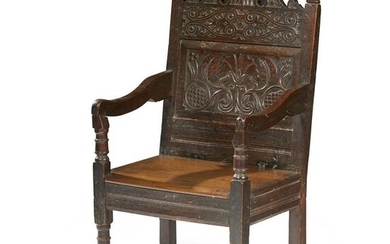 CARVED OAK ARMCHAIR, LANCASHIRE OR NORTH YORKSHIRE 17TH