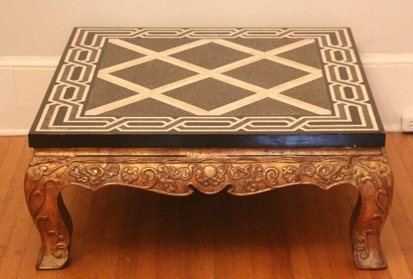 CAST IRON PARCEL GILT INLAID MARBLE TOP TABLE