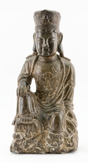 CHINESE CARVED HARDSTONE FIGURE OF A DEITY In the form of a seated Buddha figure. Most likely steatite. Height 16".
