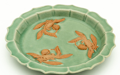 CHINESE CELADON BISCUIT RELIEF DECOR DISH