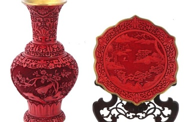 CHINESE RED CINNABAR VASE AND PLATE WITH STAND SET