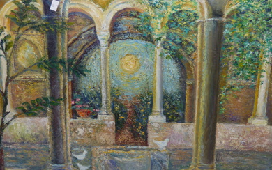 CONTINENTAL SCHOOL (20TH CENTURY), INTERIOR COURTYARD SCENE WITH DOVES AROUND A WELL, IMPASTO OIL