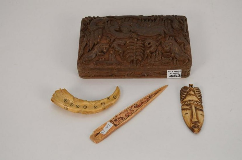 Carved African wood box & 2 bone carved pendants, 2"h x