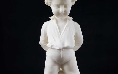 Carved Italian White Marble of Boy and Frog Sculpture Signed A.C