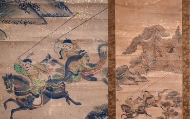 Cavalrymen - Mongolian Samurai 蒙古武士 - Hanging Scroll - Japanese Painting - Unsigned and Unmarked - Japan - Edo Period (1600-1868) (No Reserve Price)