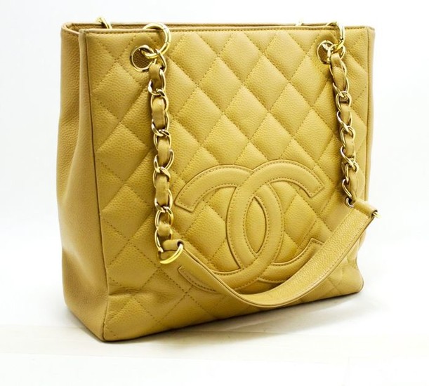 Chanel - Caviar Chain Shopping Beige Quilted Shopper bag