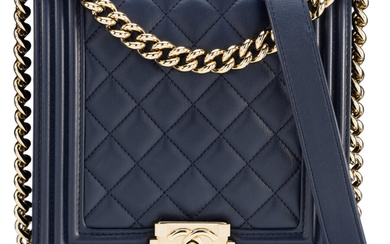 Chanel Navy Lambskin Leather North South Boy Bag with...