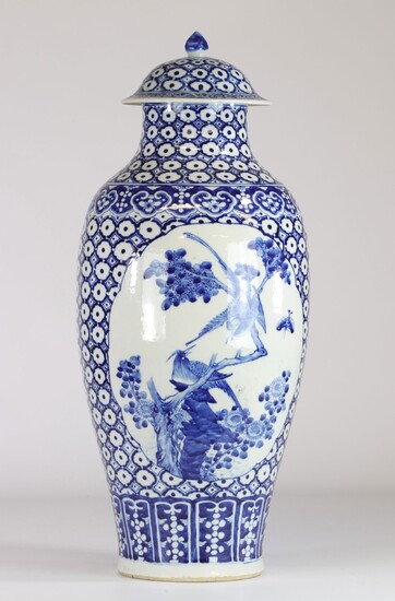Chine important vase couvert blanc bleu double cartouches personnages et oiseaux époque Qing