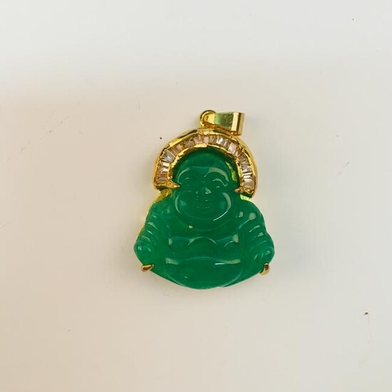 Chinese Archaic Maitreya Green Jade Pendant 1-1/4'' H