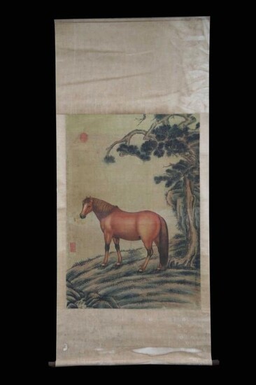 Chinese Ink Color Scroll Painting on Silk