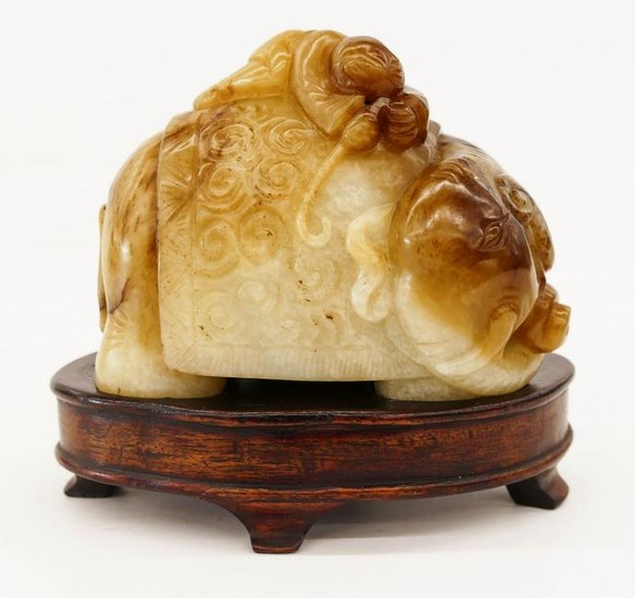 Chinese Jade Elephant and Boy Pebble Carving on Stand