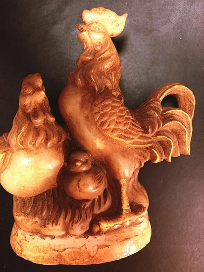 Chinese Old Jade Gilded Rooster, Hen and Chick