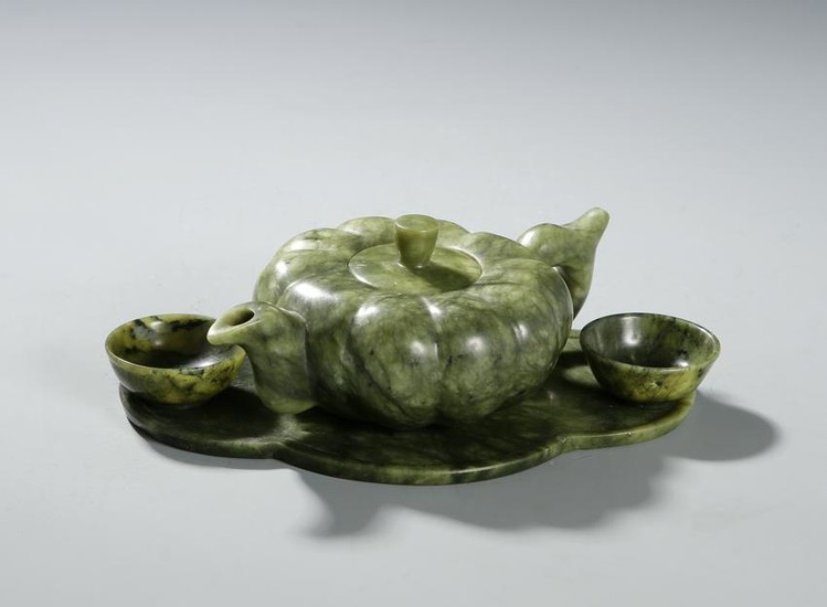 Chinese Spinach Jade Teapot, Dish and Cups