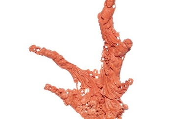 Chinese coral carving of Guanyin and attendants