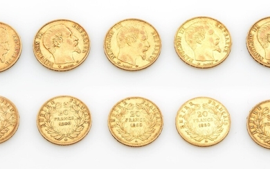 Cinq pièces de vingt francs en or à l'effigie de Napoléon III non lauré 1860....