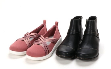 Clarks "Sillian" in Mauve and "Ashland Pine" in Black Leather