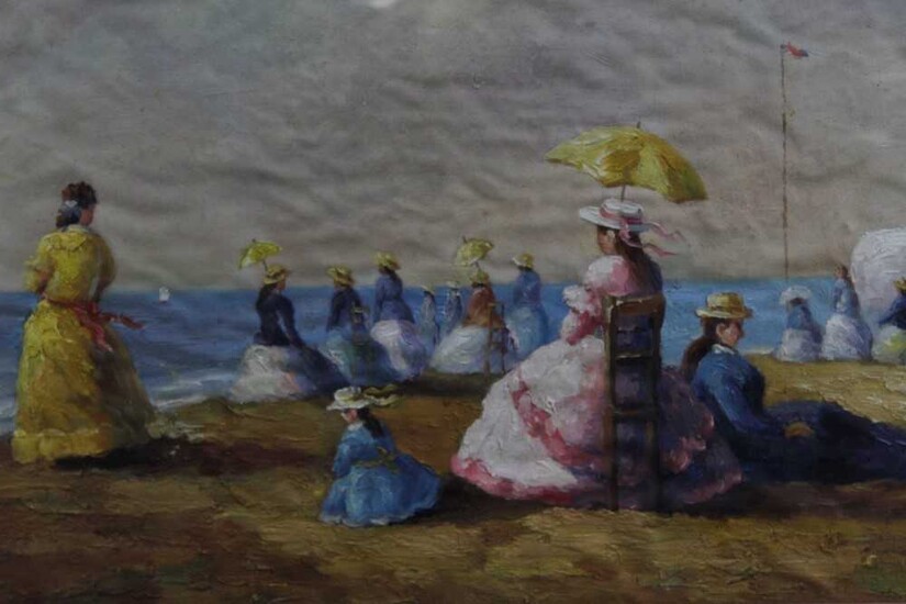 Continental School, 20th century, oil on canvas - A Day on the Beach, indistinctly signed, in glazed gilt frame, 56cm x 87cm