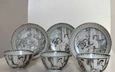 Cups & Saucers - Chine de commande - Grisaille (6) - Porcelain - China - Yongzheng (1723-1735)