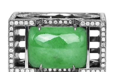 DICKSON YEWN Designer Diamond Green Jade 18K Gold Chinese Lattice Cocktail Ring