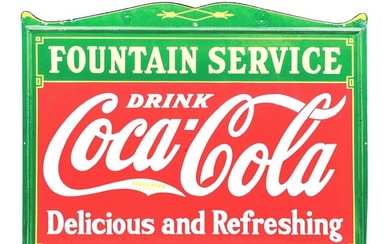 DRINK COCA-COLA DELICIOUS & REFRESHING SELF FRAMED PORCELAIN SCROLL TOP SIGN W/ FOUNTAIN SERVICE