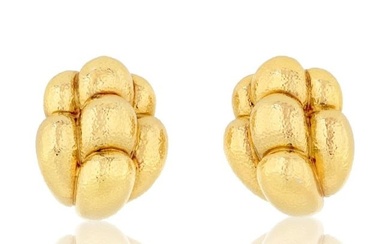 David Webb Platinum & 18K Yellow Gold Hammered Organic Design Clip Earrings