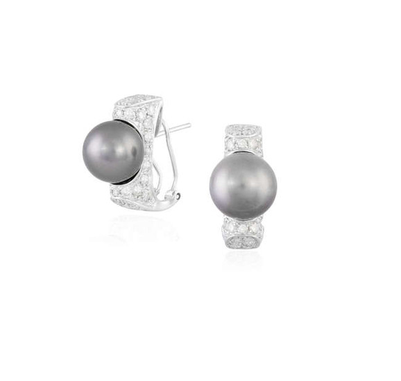 Description A PAIR OF CULTURED PEARL AND DIAMOND EARRINGS...