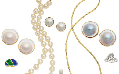 Diamond, Cultured Pearl, Mother-of-Pearl, Enamel, Gold Jewelry Stones: Transitional,...