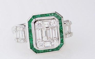 Diamond, Emerald, 18k White Gold Ring.