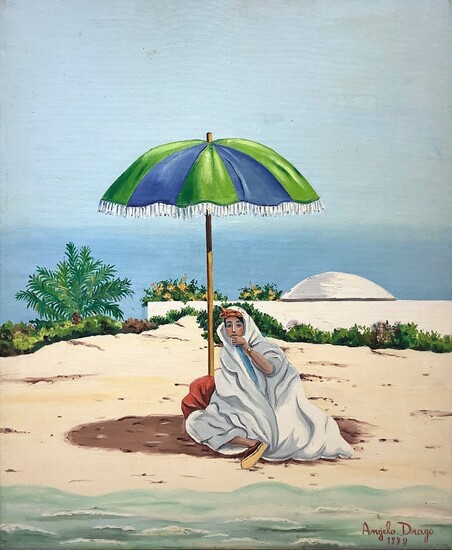 Dipinto naif ad olio su tela raffigurante donna araba sulla spiaggia, Drago...