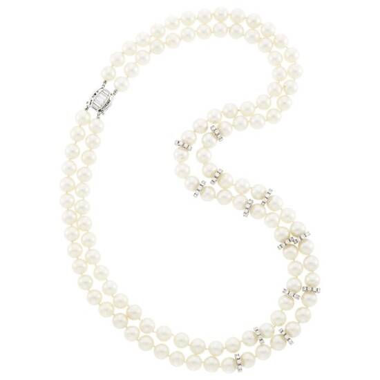 Double Strand Cultured Pearl, Platinum, White Gold and Diamond Necklace