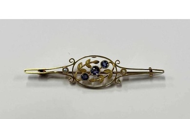 EARLY 20TH CENTURY 15CT GOLD SEED PEARL & SAPPHIRE SET BROOC...